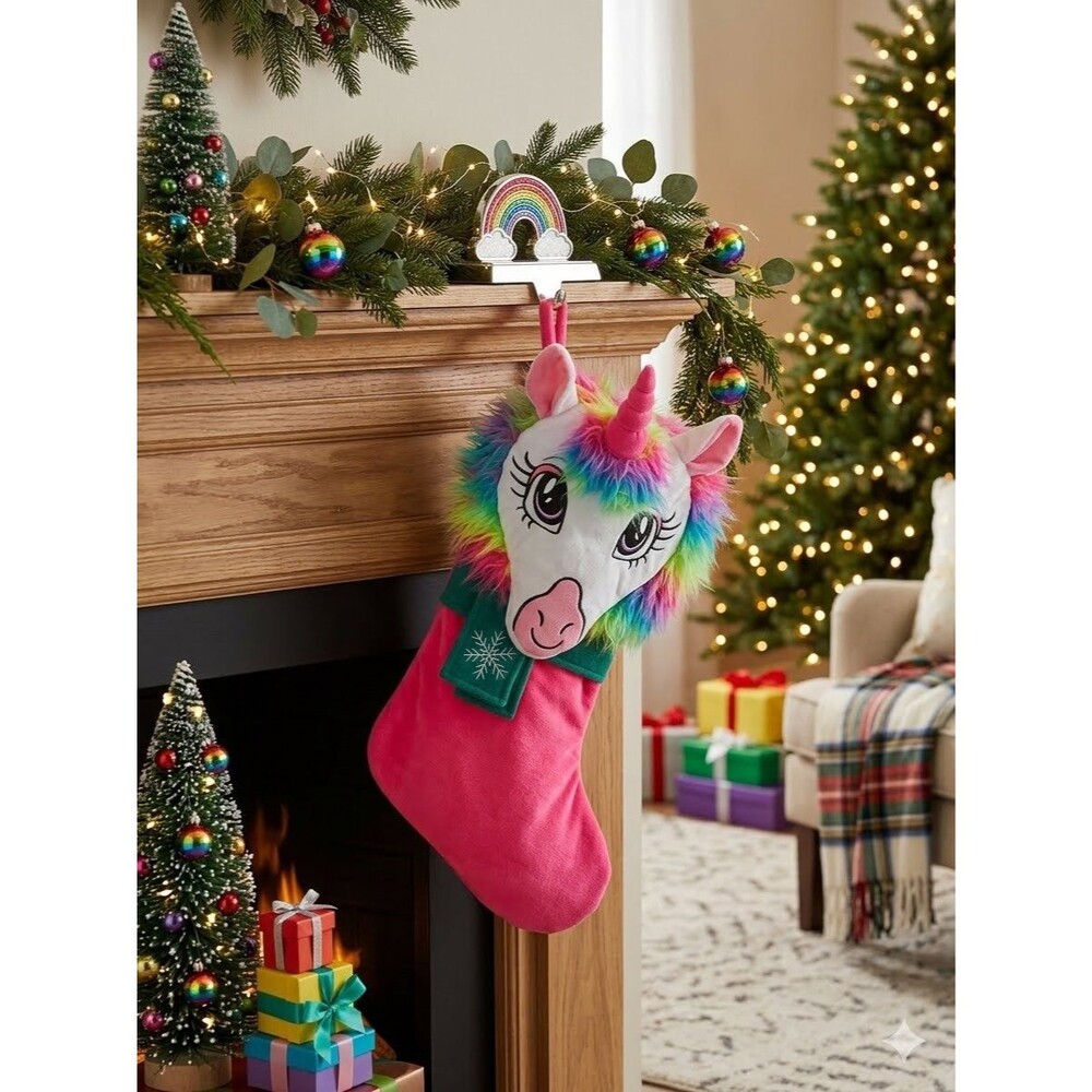 Holiday Time 3D Plush Pink Unicorn Christmas Stocking 20 in Rainbow Mane